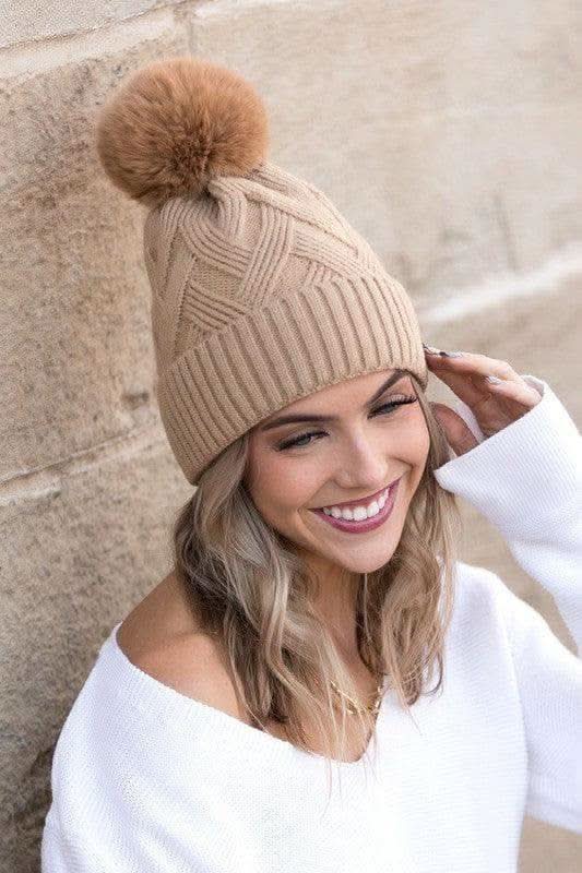 Chunky Knit Fur Pom Beanie in Camel OneSize - Hats photo