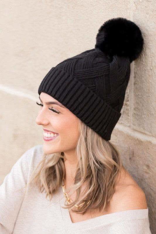 Chunky Knit Fur Pom Beanie in Black OneSize - Hats photo