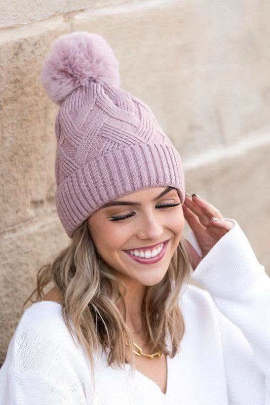 Chunky Knit Fur Pom Beanie in Mauve OneSize - Hats photo