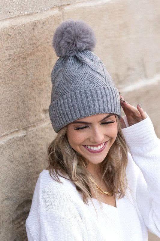 Chunky Knit Fur Pom Beanie in Gray OneSize - Hats photo