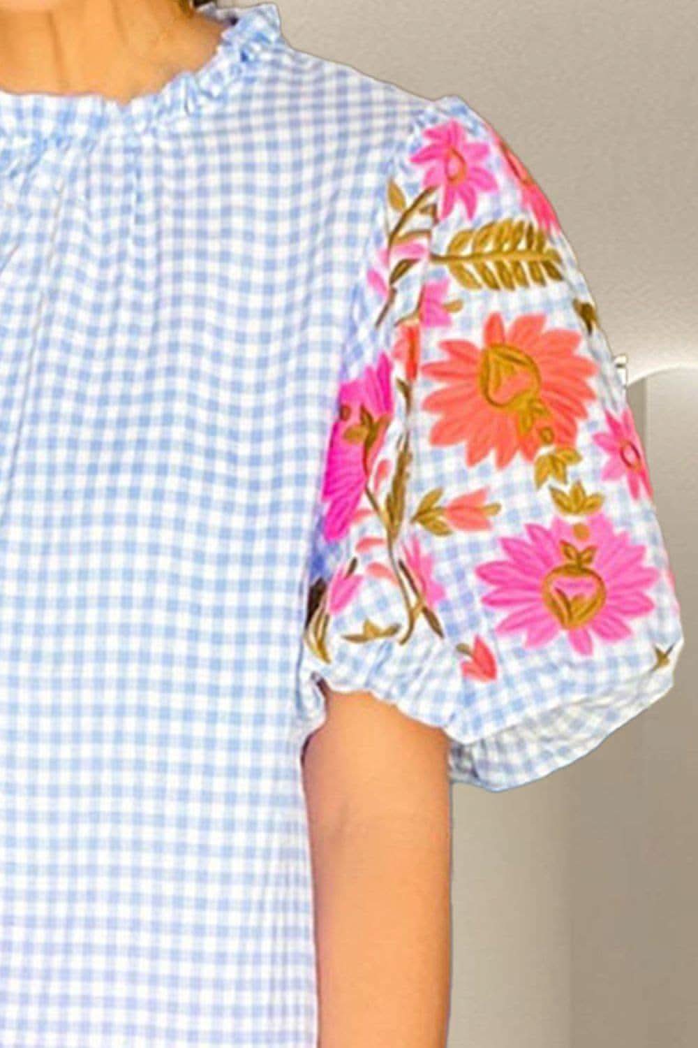 Claire Embroidered Plaid Round Neck Short Sleeve Blouse - SwagglyLife Home & Fashion