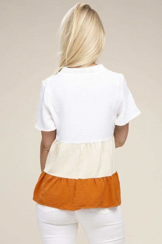 Color Block Notched Neck Blouse - SwagglyLife Home & Fashion Color Block Notched Neck Blouse - SwagglyLife Home & Fashion