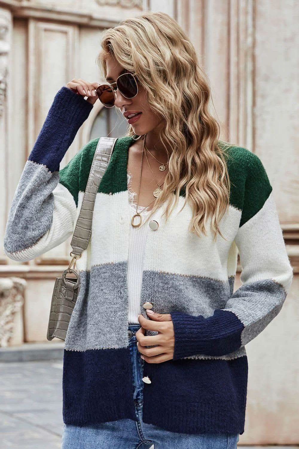 Color Block V-Neck Button Down Cardigan, Multiple Colors - SwagglyLife Home & Fashion Color Block V-Neck Button Down Cardigan, Multiple Colors - SwagglyLife Home & Fashion