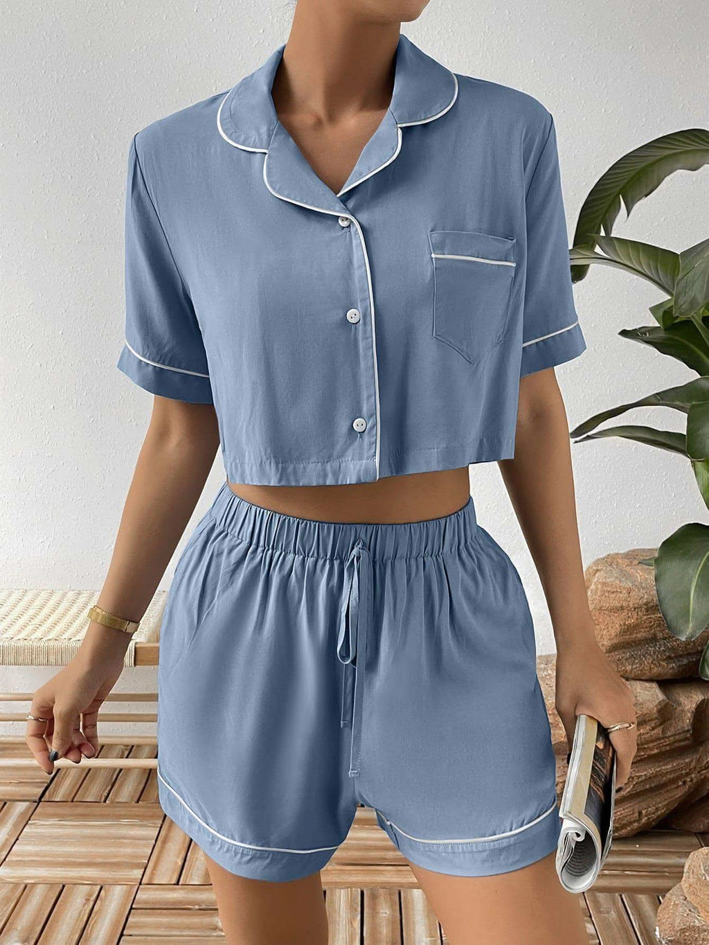 Contrast Lapel Collar Cropped Shirt and Shorts Lounge Set in Misty Blue - photo