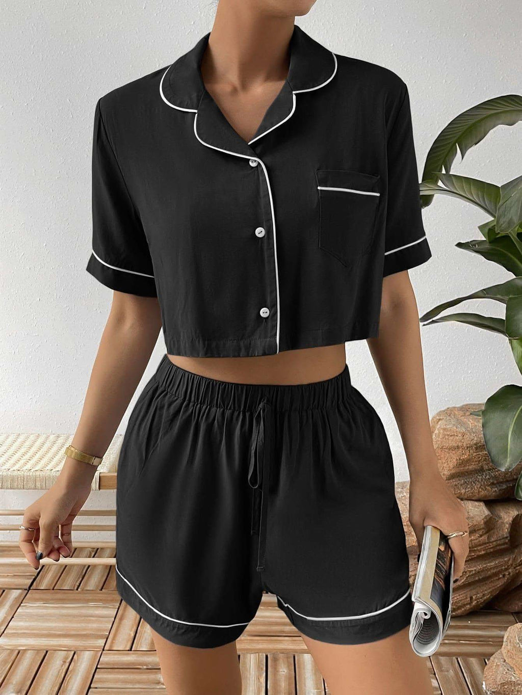 Contrast Lapel Collar Cropped Shirt and Shorts Lounge Set in Black - photo