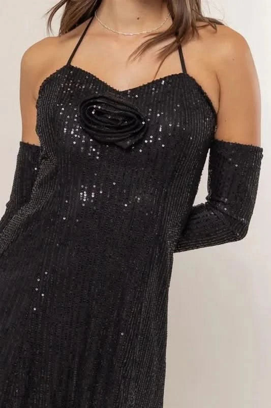 HYFVE Sequin Rosette Halter Mini Dress in - photo