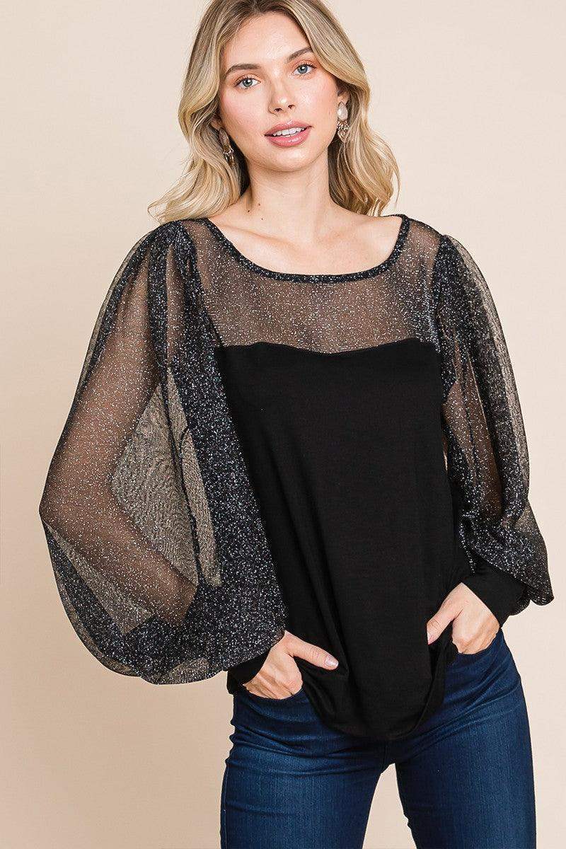 Super Lady Full Size Metallic Mesh Lantern Sleeve Blouse in - photo