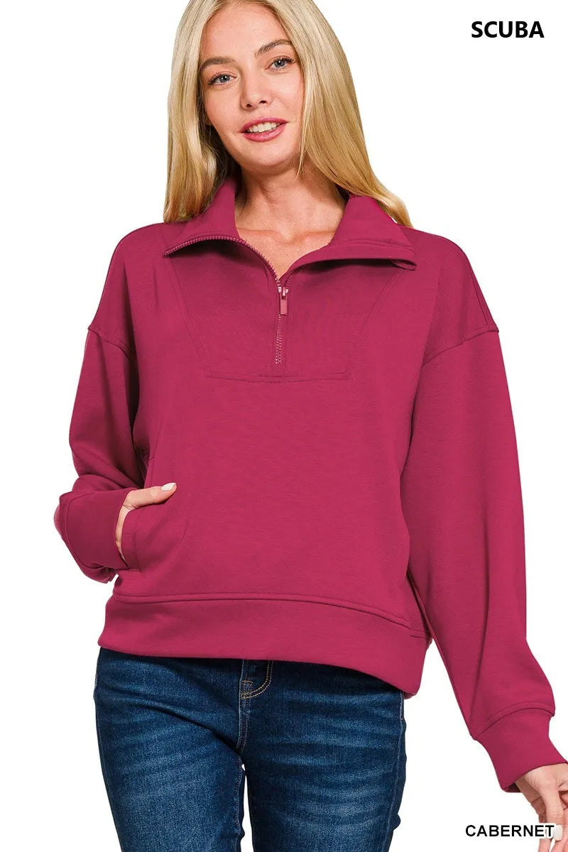 Zenana Scuba Half Zip Sweatshirt with Pockets - SwagglyLife Home & Fashion