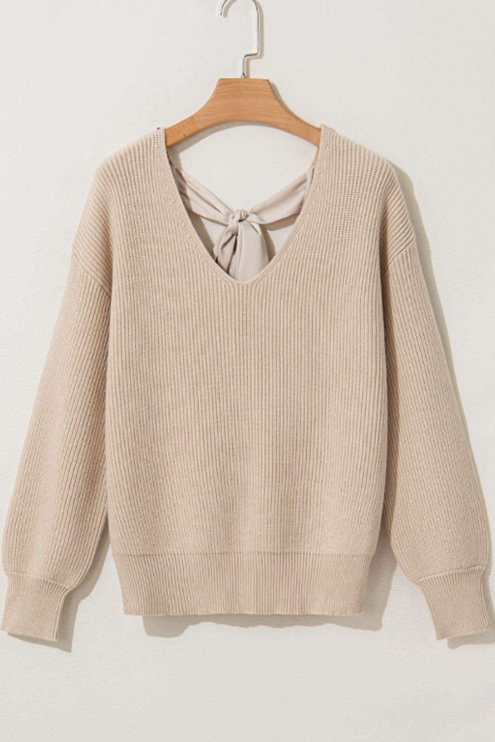 Tied Back V-Neck Long Sleeve Sweater in - sweaters photo