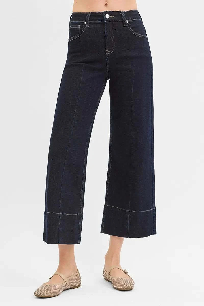 RISEN Tummy Control High Rise Crop Wide Seam Detailed Jeans in - photo