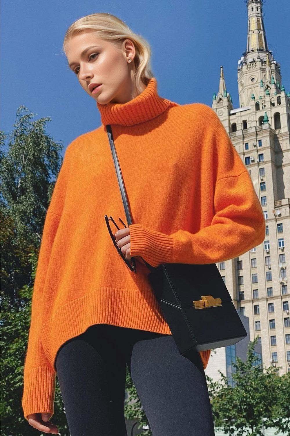 Basic Bae Turtleneck Dropped Shoulder Long Sleeve Sweater in Orange One Size - sweater photo