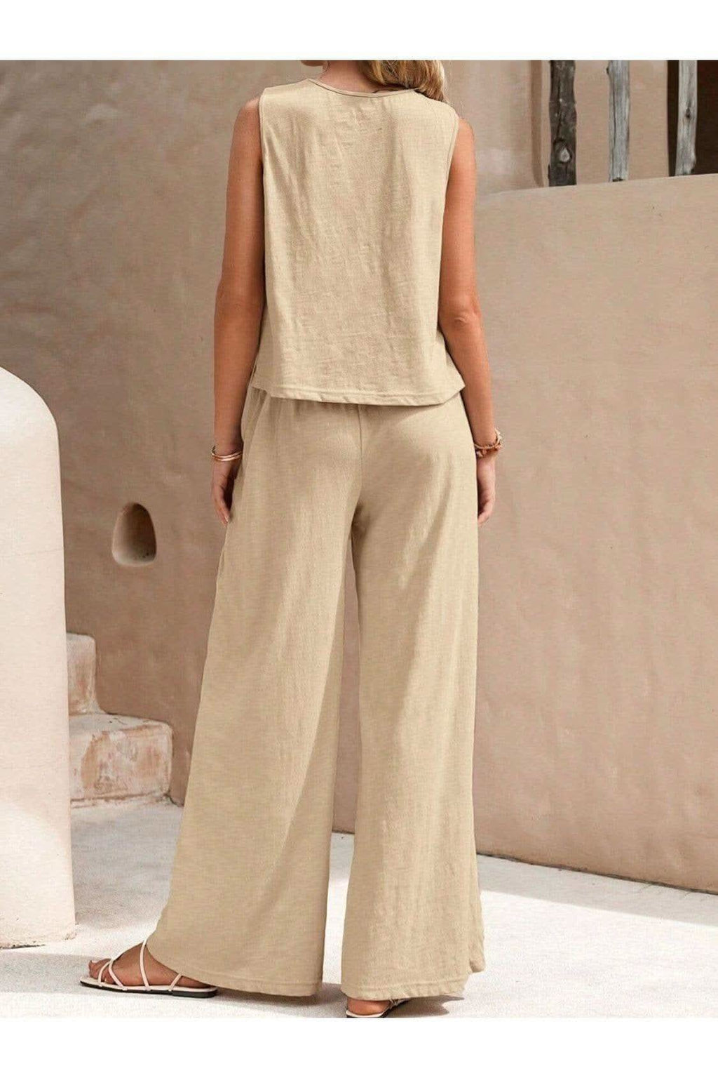 Round Neck Sleeveless Top and Wide Leg Pants Set - SwagglyLife Home & Fashion