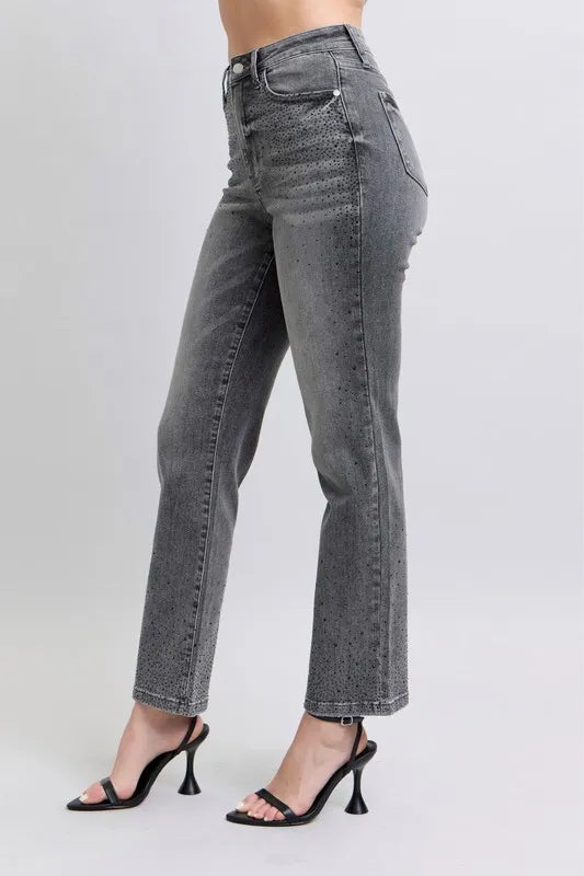 Judy Blue Full Size High Waist Rhinestone Straight Jeans Plus Size - SwagglyLife Home & Fashion