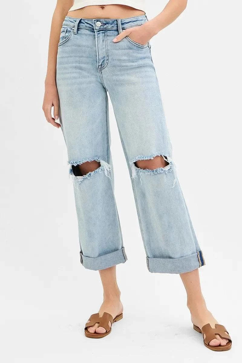 RISEN Full Size Mid Rise Fit Boyfriend Jeans with Cuff Plus Size in LIGHT - photo