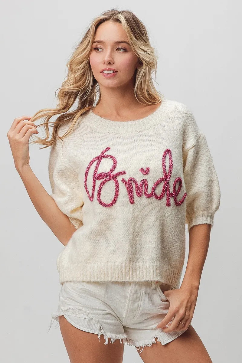 BiBi Metallic Letter Short Puff Sleeve Hairy Sweater in - photo