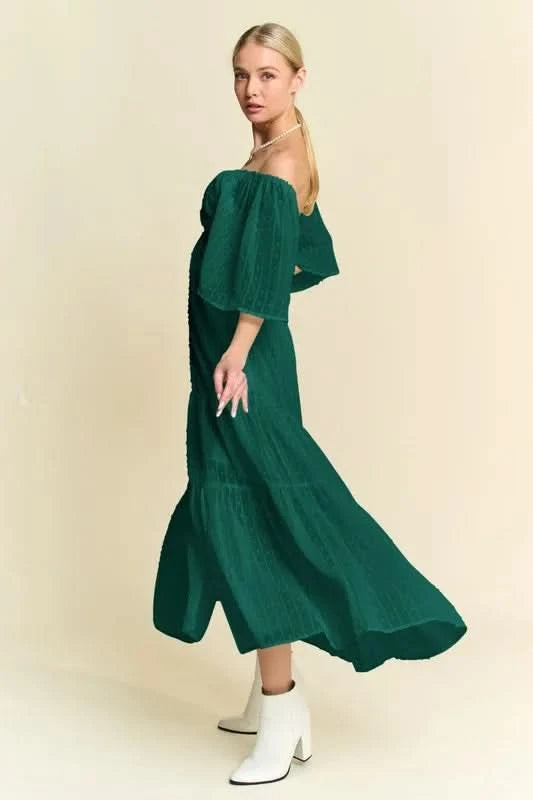 Davi & Dani Swiss Dotted Ruched Ruffle Open Back Midi Dress in - photo