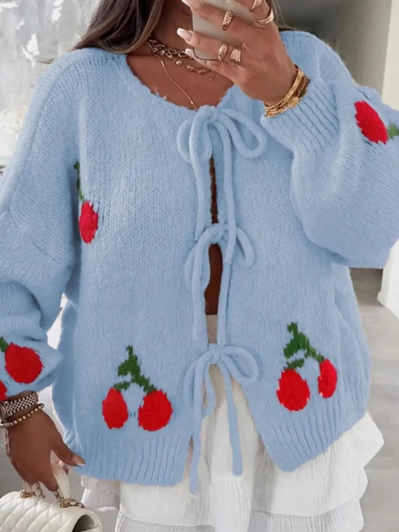 Cherry Pattern Tie-Front Oversized Cardigan - SwagglyLife Home & Fashion Cherry Pattern Tie-Front Oversized Cardigan - SwagglyLife Home & Fashion
