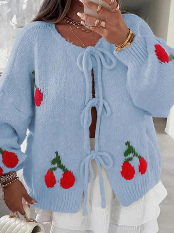 Cherry Pattern Tie-Front Oversized Cardigan - SwagglyLife Home & Fashion Cherry Pattern Tie-Front Oversized Cardigan - SwagglyLife Home & Fashion
