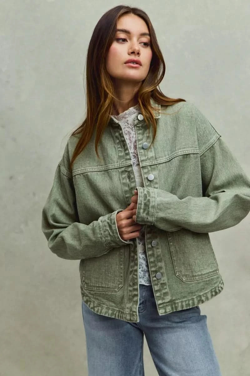 SO ME Vintage Washed Button Twill Shacket in - photo