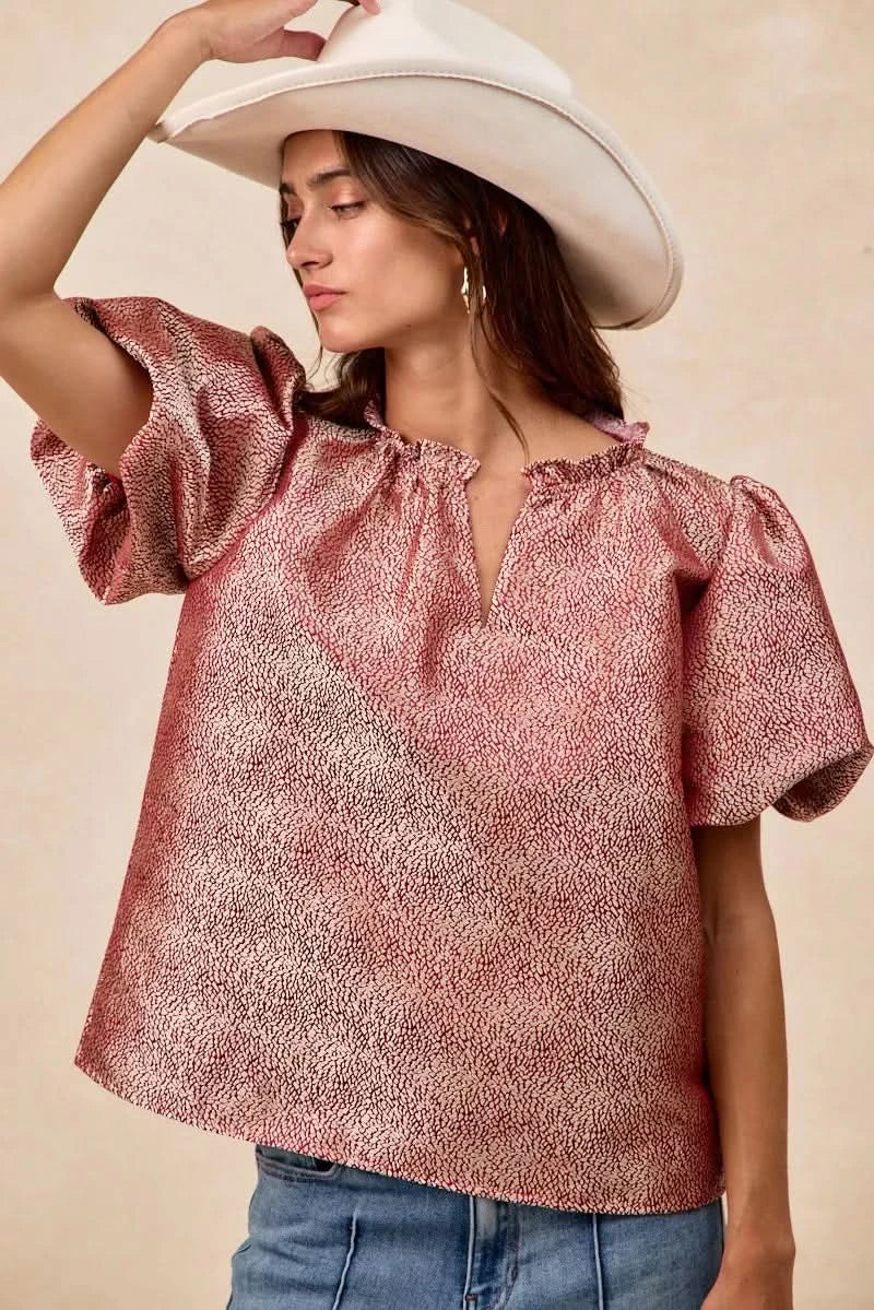 BiBi Jacquard Woven Short Balloon Sleeves V Neck Top in - photo