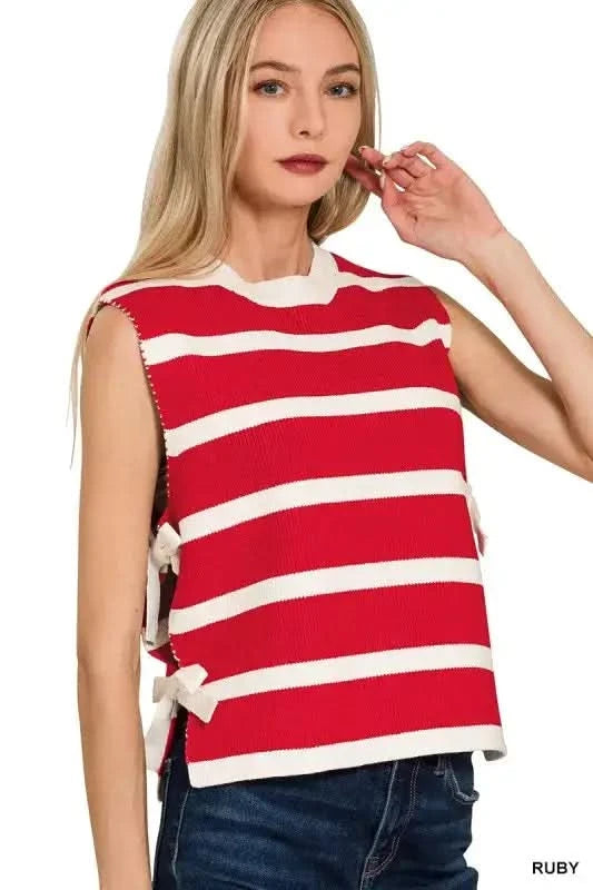 Zenana Side Tie Stripe Sweater Vest in RUBY - photo