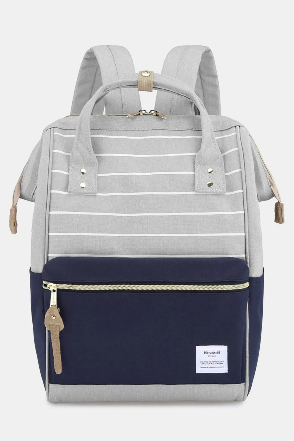 Himawari Waterproof Canvas Backpack Bag with Side Pockets in Grey Navy Stripe One Size - photo