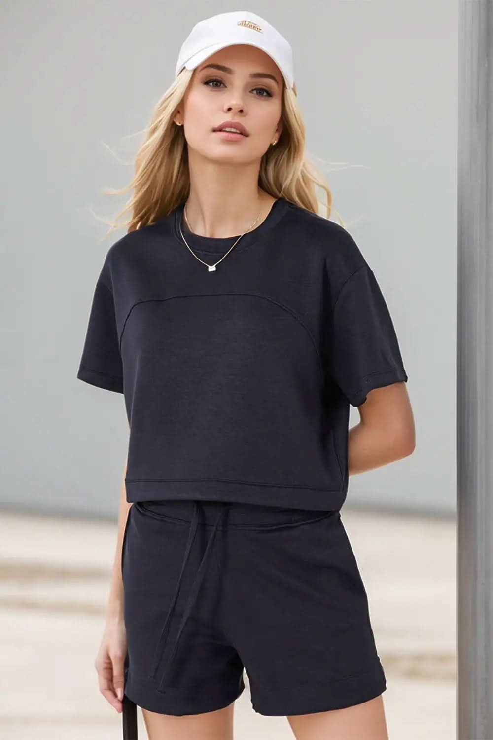 Basic Bae Drawstring Hem Air Scuba Round Neck Short Sleeve T-Shirt - SwagglyLife Home & Fashion Basic Bae Drawstring Hem Air Scuba Round Neck Short Sleeve T-Shirt - SwagglyLife Home & Fashion