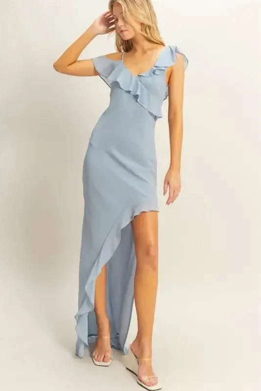 HYFVE Chiffon Ruffle Trim Midi Dress in DUSTY BLUE - photo