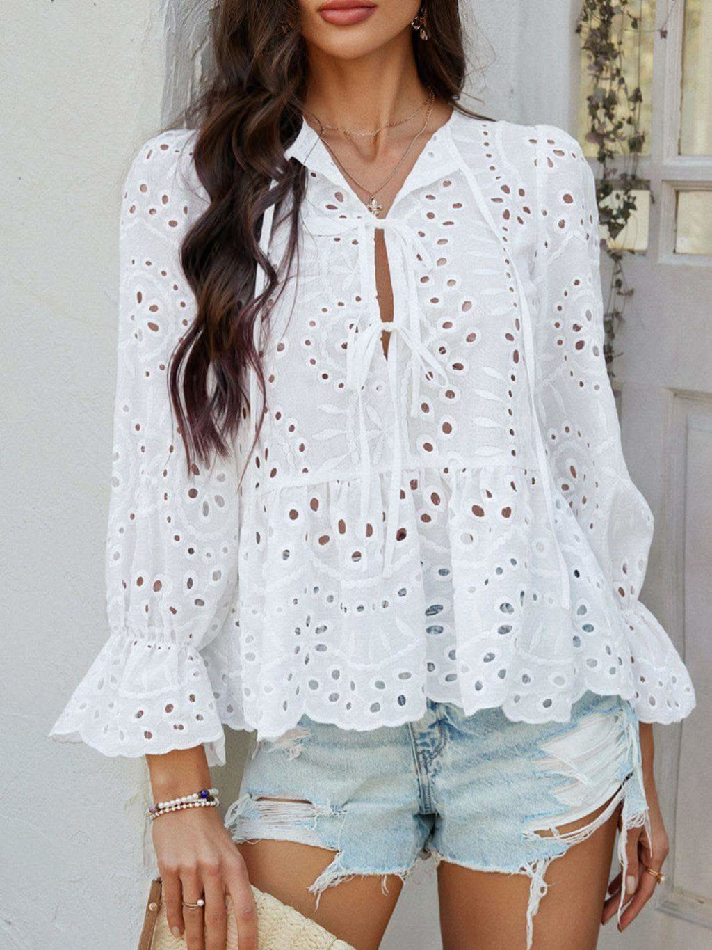 Devine Tie Front Flounce Sleeve Peplum Blouse in - Blouses photo