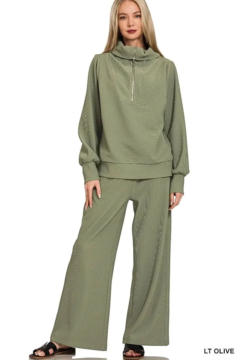 Zenana Ribbed High Neck Half Zip Pullover & Pants Set in LT OLIVE - photo