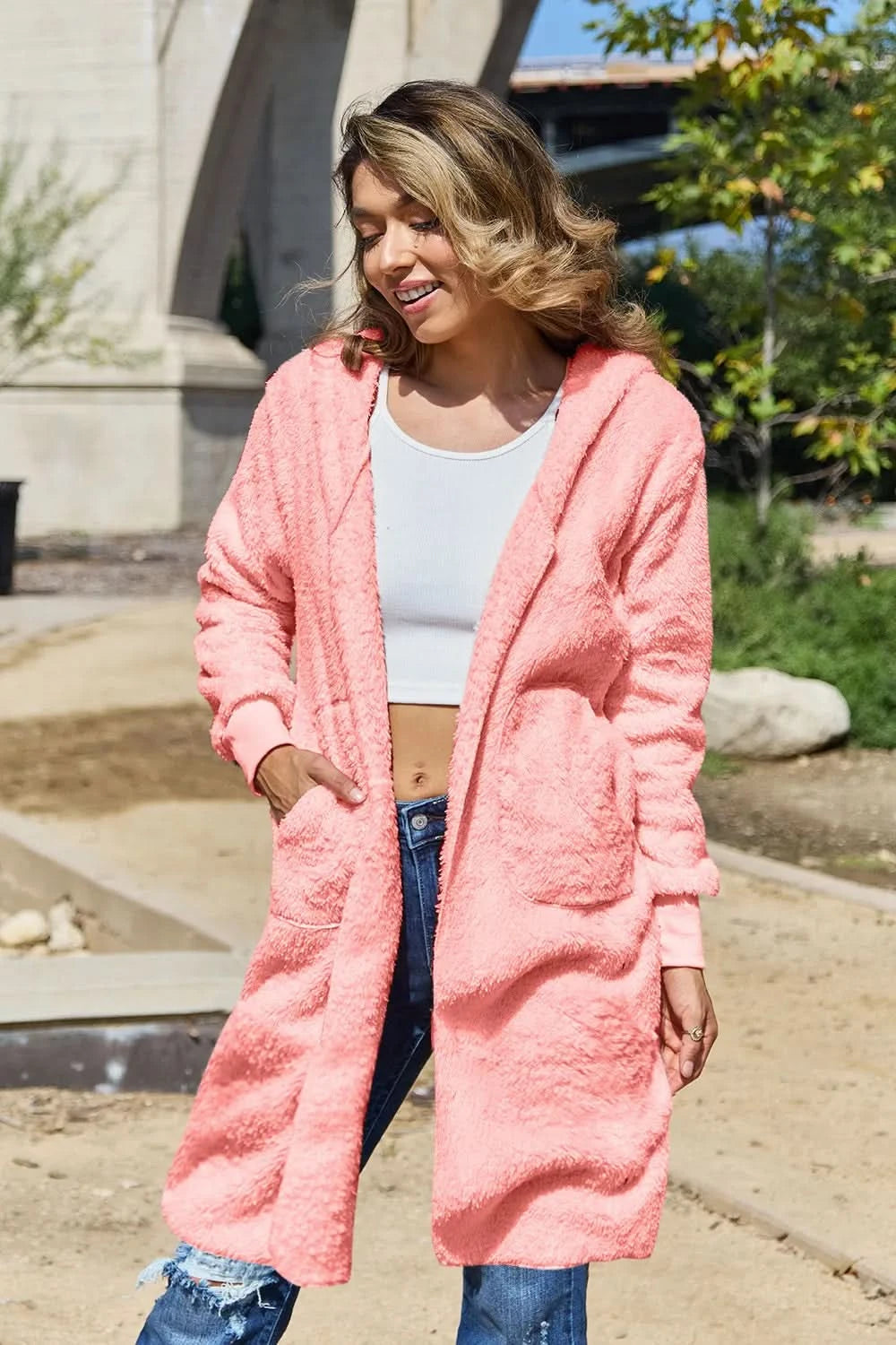 Double Take Full Size Hooded Teddy Bear Jacket with Thumbholes in Coral - photo