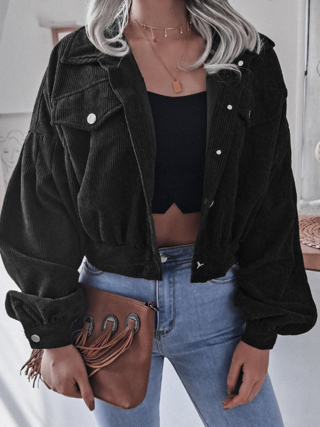 Lantern Sleeve Cropped Corduroy Jacket in Black - photo