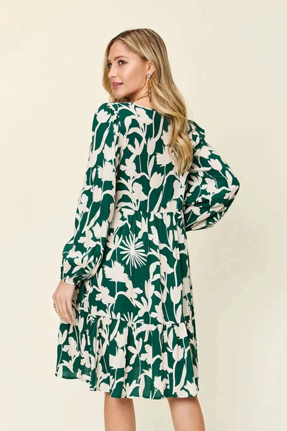 Double Take Full Size Printed Ruffle Hem Dress with Pocket in - photo