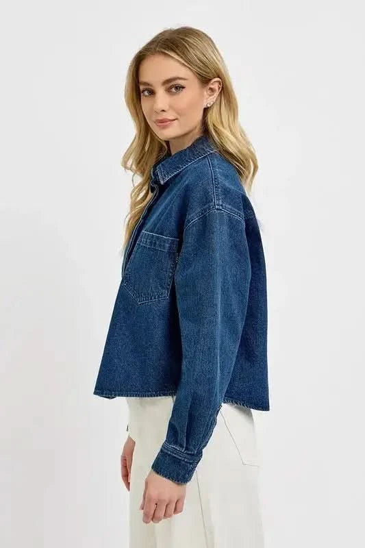 RISEN Button Up Long Sleeve Denim Shacket in - photo