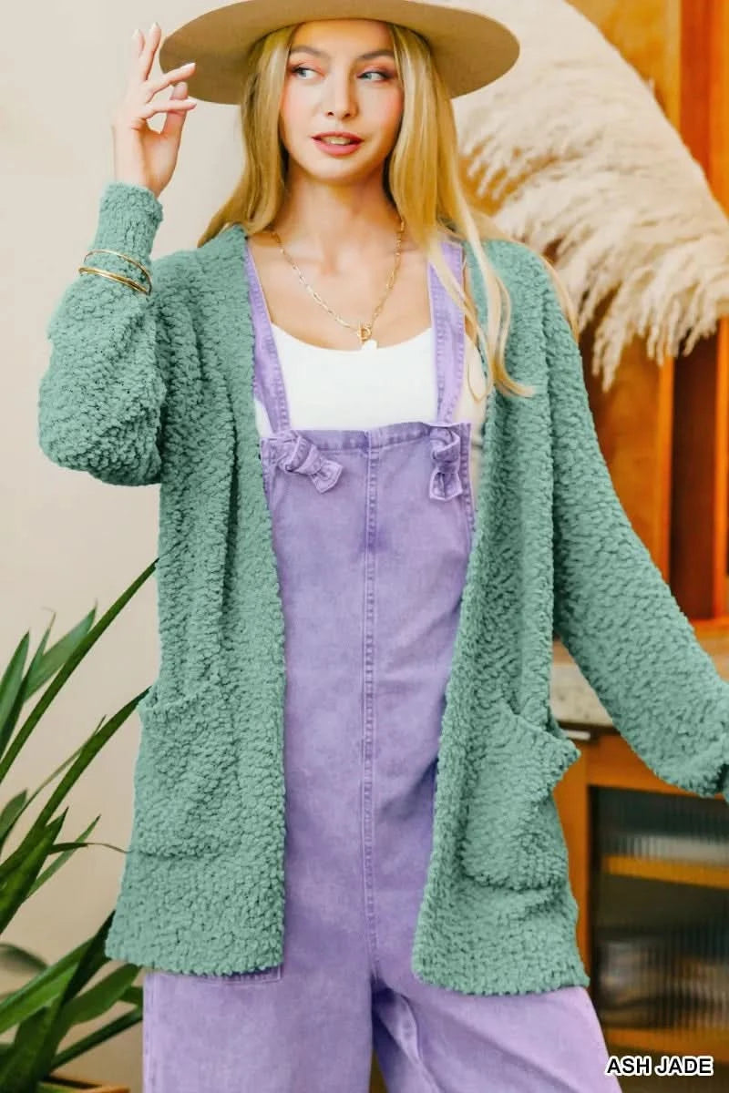 Zenana Long Sleeve Popcorn Sweater Cardigan with Pockets in ASH JADE - photo