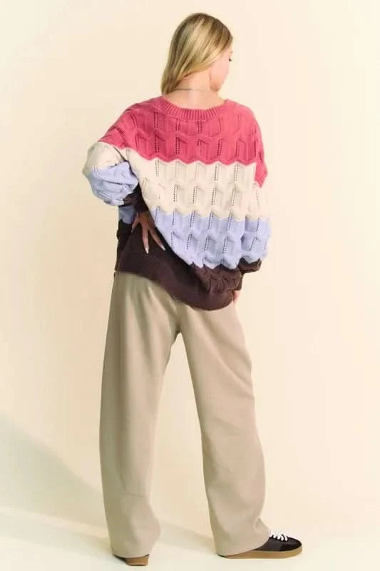 Davi & Dani Wavy Texture Color Block V-Neck Sweater in - photo