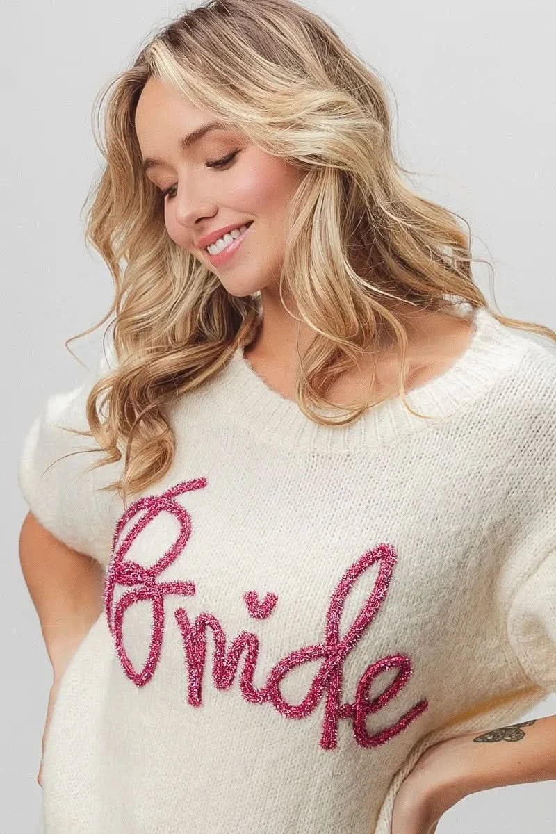 BiBi Metallic Letter Short Puff Sleeve Hairy Sweater in - photo