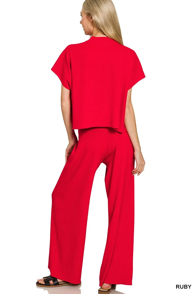 Zenana Viscose Sweater Short Sleeve Top and Pants Set in - photo