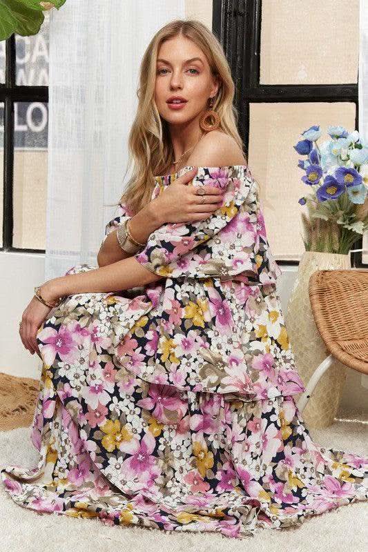 ADORA Layered Floral Off-Shoulder Short Sleeve Maxi Dress in - Dresses photo