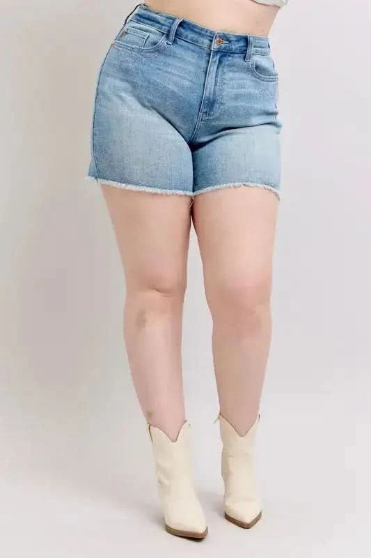 Judy Blue Full Size High Waist Western Embroidery Detail Cut Off Denim Shorts Plus Size in - photo