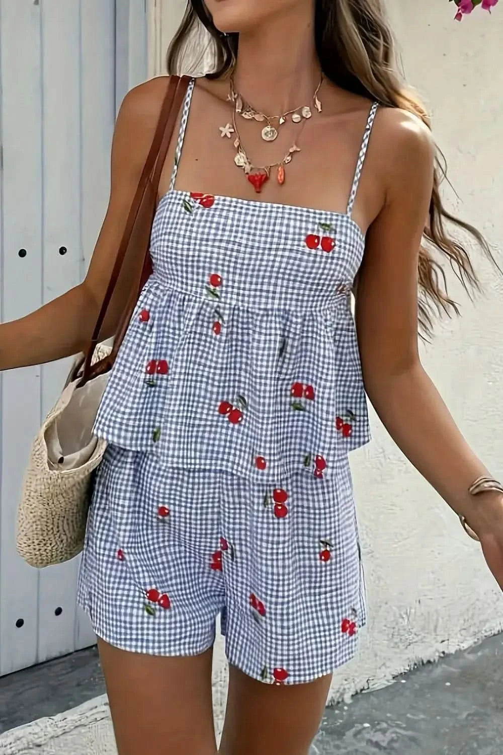 Floral Gingham Print Cami and Shorts Two-Piece Set in Light Blue - Outfit Sets photo