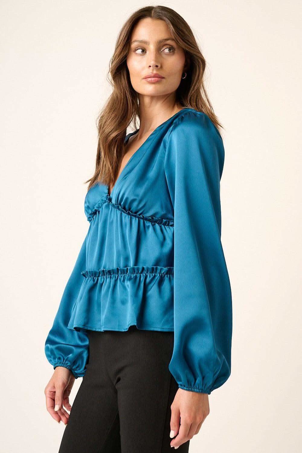 Mittoshop Satin V Neck Ruffled Tier Blouse - SwagglyLife Home & Fashion