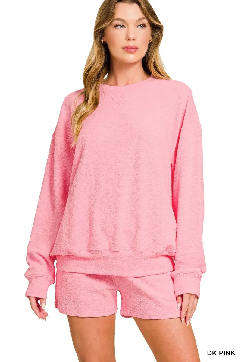 Zenana Slub Long Sleeve Top and Shorts Set in DK PINK - photo