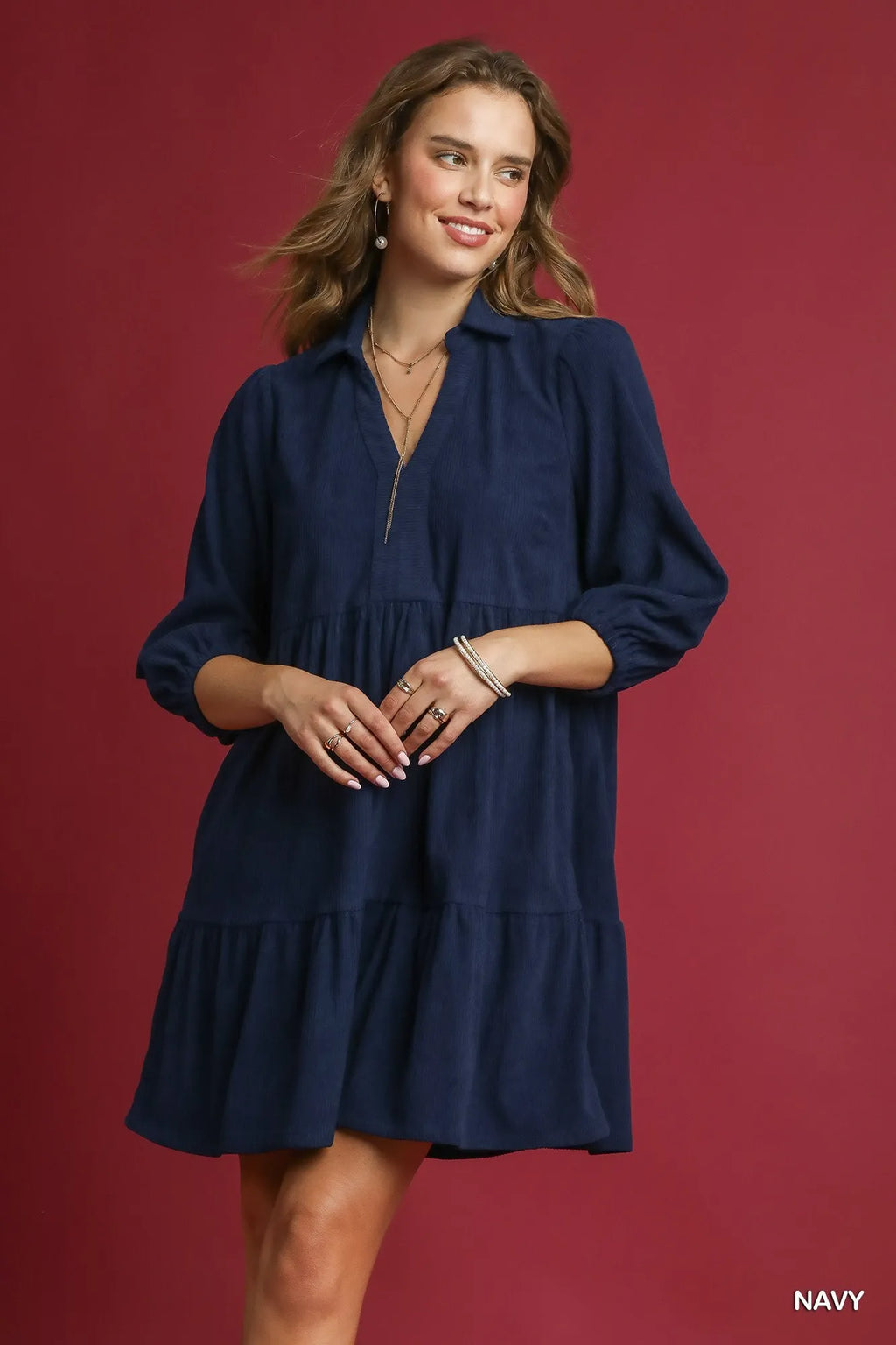 Umgee Tiered Corduroy Mini Dress with Balloon Sleeves in Navy - photo