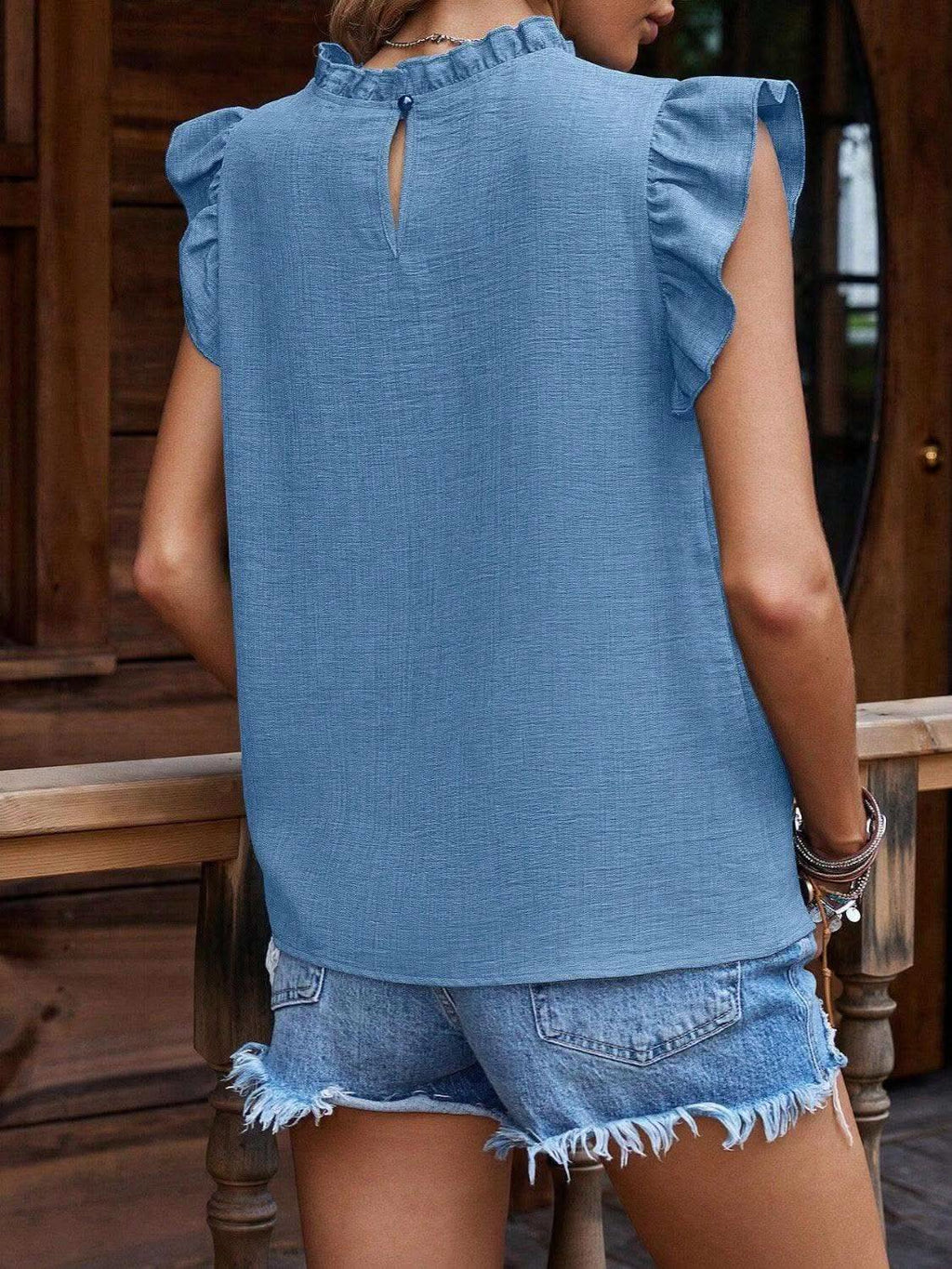 Frill Mock Neck Ruffled Cap Sleeve Blouse - SwagglyLife Home & Fashion