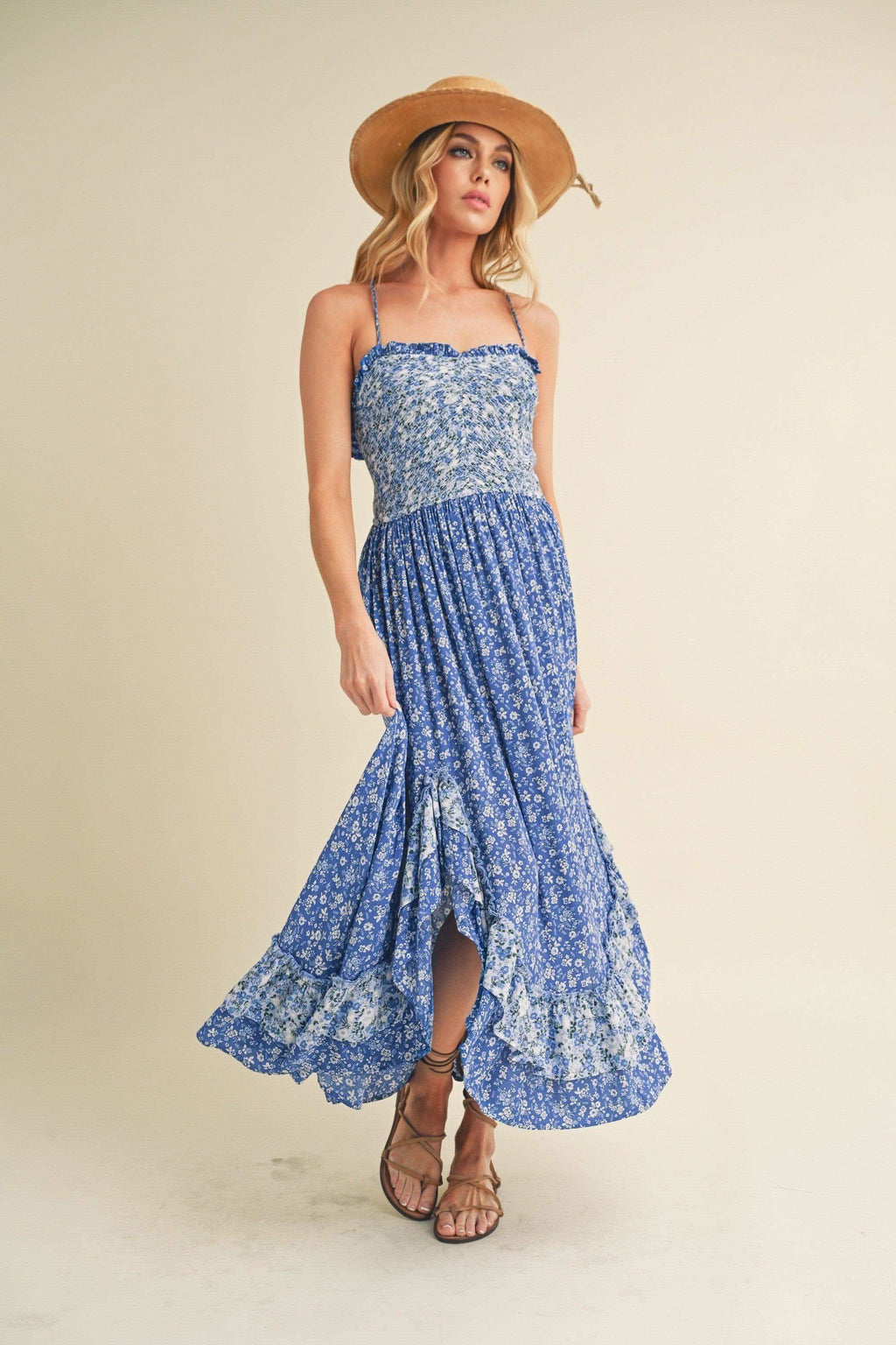Aemi + Co Ditsy Floral Ruffled Hem Maxi Cami Dress in Blue - dresses photo