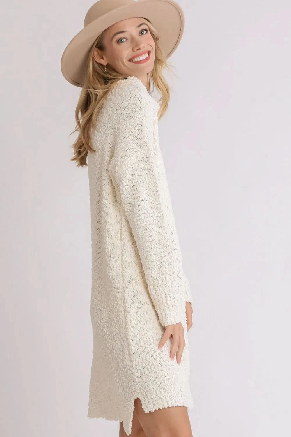 Umgee Full Size High Low Long Sleeve Boucle Sweater Dress Plus Size in - photo