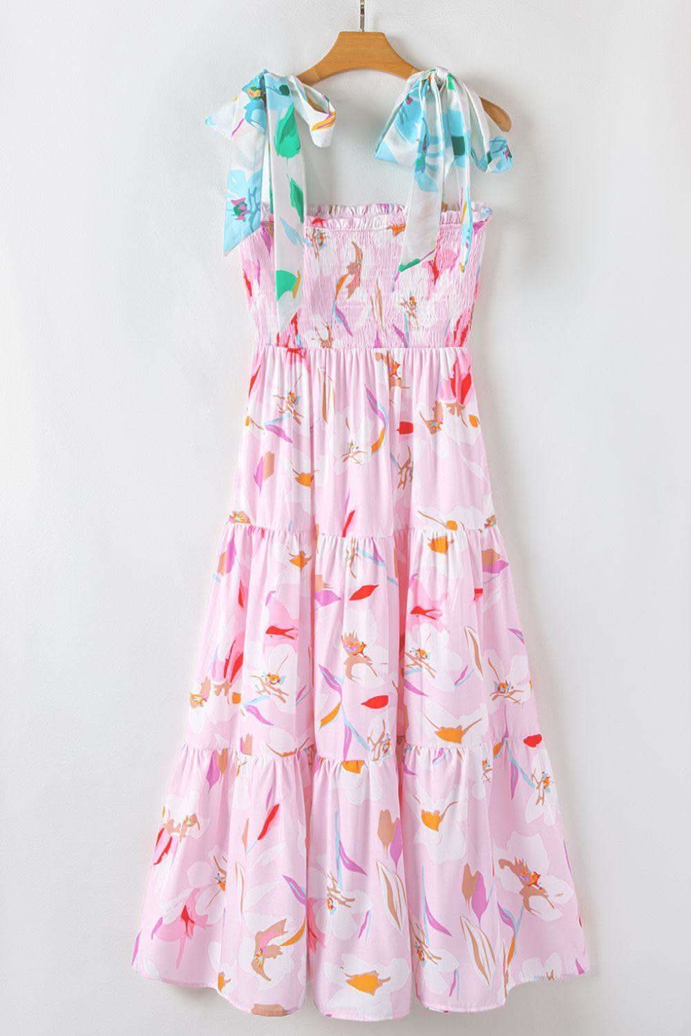 Floral Print Knotted Shoulder Smocked Maxi Dress in - Dresses photo