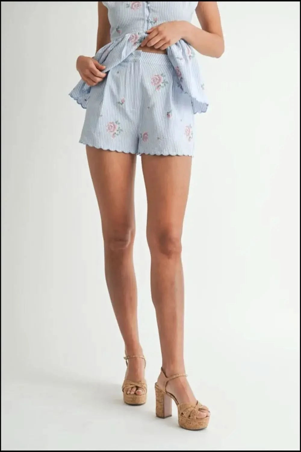 MABLE Stripe Embroidered Peplum Cami and Shorts Set in - photo