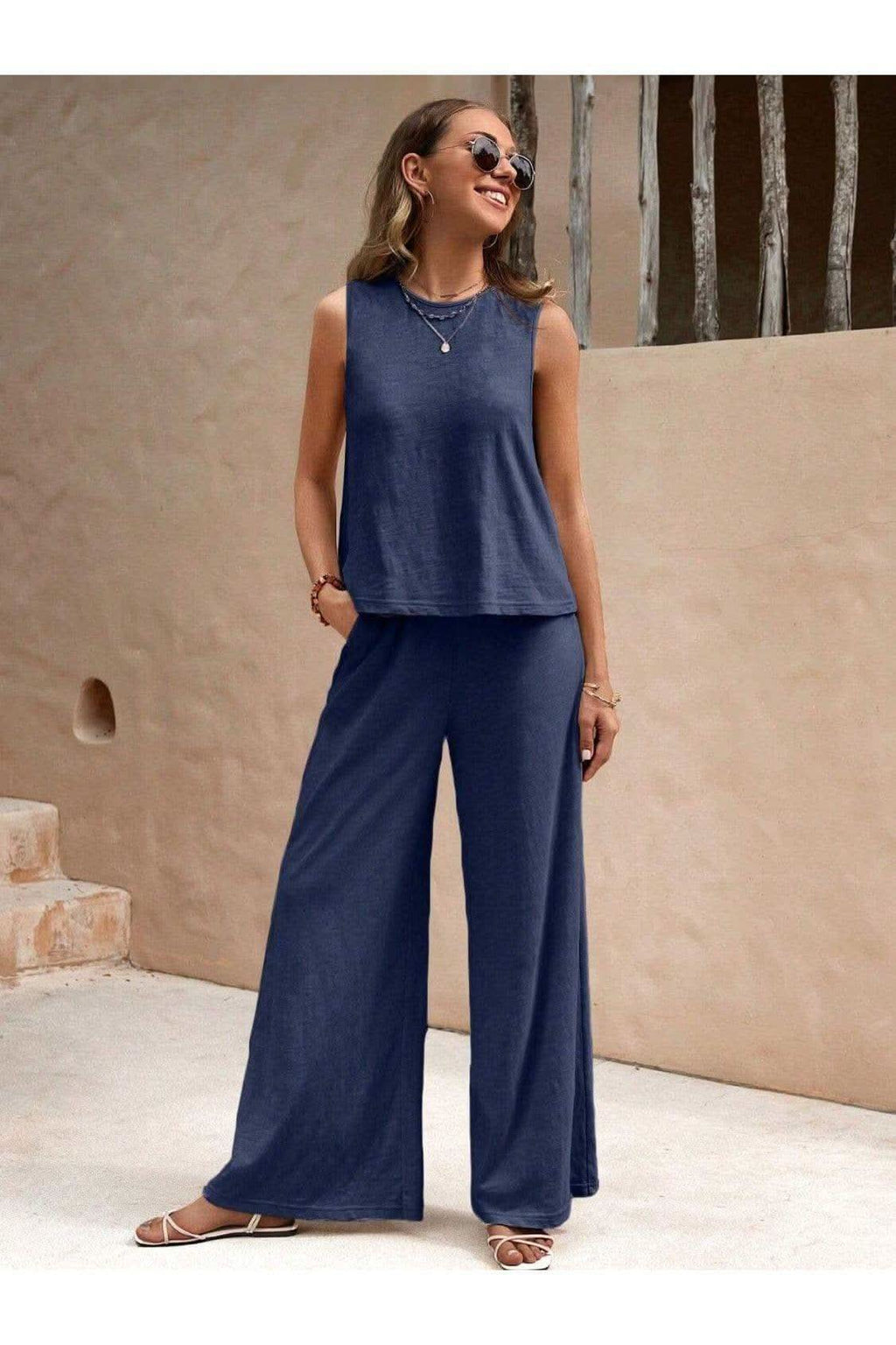 Round Neck Sleeveless Top and Wide Leg Pants Set - SwagglyLife Home & Fashion